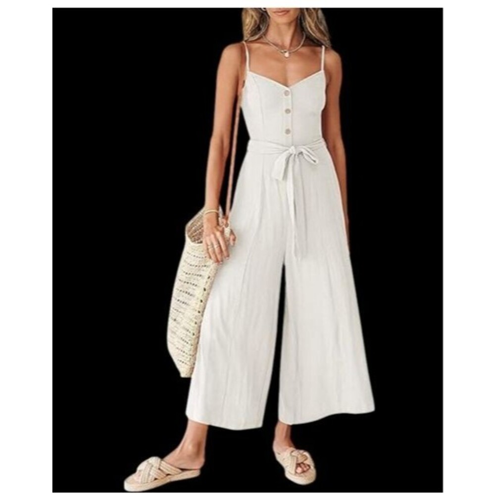 ANRABESS Linen Blend Button Front Wide Leg Jumpsuit Womens XL Ivory Coastal NWT